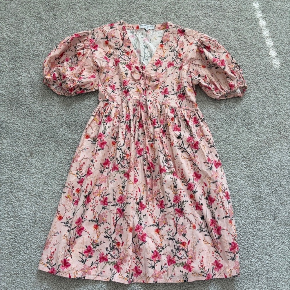 Taylor Tillman Mini Dress Womens XS Pink Floral Garden Party Cottagecore Tea